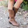 Botas de mujer Otoño e Invierno nuevas mujeres de gran tamaño vaquero occidental tacón medio estilo nacional cabeza de piel cuadrada 0709