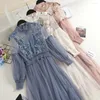 Casual Dresses 2022 Women Lantern Sleeve Pleated Ruffles Chic Dress Lady Elastic Slim Waist Mesh Gauze Pullover 3D Lace Flower Party Midi