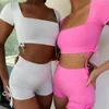 Chándales con espalda descubierta para mujer, conjuntos de Fitness, conjunto de 2 piezas, ropa de entrenamiento, traje deportivo sin costuras para gimnasio, pantalones cortos, Top corto