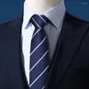 Bow Ties Designer Brand Business Tie For Men High Quality Necktie Deep Blue Striped 8CM Wide Polyester Silk Gentleman Dress Suit