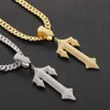 Cool Mens Hip Hop Necklace Yellow Gold Plated Bling CZ Big Sword Cross Pendant Halsband med 24 -tums repkedja Trevlig gåva8949473