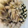 Flores decorativas, corona de Navidad sagrada de Jesús con luces, adornos colgantes para puerta, decoraciones para el hogar, accesorios de arreglo de escena