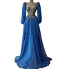 Robe de bal bleue manches longues col en V dentelle appliques paillettes robes de soirée en mousseline de soie perlée 3D dentelle longueur de plancher