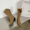 Laarzen mode vrouwen midden claf bootes westerse vrouw bruin naaien borduurwerk design slip op dikke lage hakken pompen schoenen bota's 40
