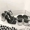 Tjock High Heel Thin Belt Sandals for Women Spring Summer New Designed Metallic Luster Crystal Sequins Decoration Shoes 220711