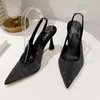 Elbise ayakkabıları 2023 bahar kadın kristal payetler sandal ipek saten pompalar 9cm topuklu bayan moda siyah sapan arka kayış parti düğün