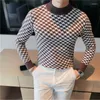 Camisolas masculinos Marca Houndstooth Men half gurtleneck suéter malha pulôver