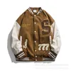hoodieSpring Couple Brown American Leather Sleeve Baseball Jacket Men's Spring and Autumn Youth Large Size Thin Jacket