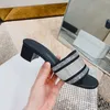 Women Heeled Slide Slippers Black Cotton Embroidered Block Heel Sandals Embroidered Signature Slides Casual Lady Mules