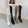 Bot Toe Toe Kadınlar Diz Yüksek Moda Streç Ayakkabı Kalın Topuklu Kahverengi Bej Beyaz Arka Zipper Kış Çorap