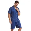 Men's Sleepwear Pajamas Suit Casual Male Satin Lounge Wear Two Piece PJS Set Men Faux Silk 2022 Short Sleeve Shirt&Shorts