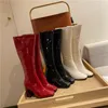 Boots Square Toe Women Knee High Thick Heels Black Red Beige Side Zipper Fashion Patent Leather Elegant Winter Woman