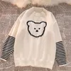 Women's Knits Cute Bear Sweater With Black White Striped Sleeve Soft Knit Cozy Jumper Pullovers Women VSCO Girl Aesthetic Clothes