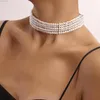 Ras du cou Style français blanc Imitation perle multicouche collier tempérament rétro élégant perles faites à la main chaîne courte dames bijoux