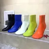 Bottines à bout rond pour femmes, bottines extensibles, fermeture éclair latérale, talons hauts fins, couleur bonbon, escarpins de fête, chaussures femme bleu jaune