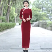 Roupas étnicas Borgonha chinesa de noiva Veludo Veludo grande tamanho de inverno Cheongsams Lady Feather Collar Qipao Lace Elegant Night