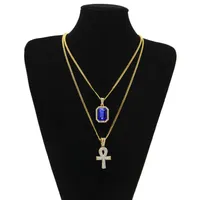 Egyptian Ankh Key of Life Bling Rhinestone Cross Pendant With Red Ruby Pendant Necklace Set Men Hip Hop Jewelry 301M