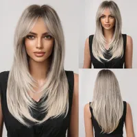 Piex cięcie długie proste peruki blondynki i brązowe włosy z grzywką Ombre Kolor włosy dla kobiet Haiir High Temperatura fryzura