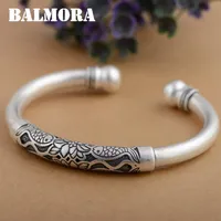 BALMORA 990 Pure Silver Lotus Flower & Fish Open Bangles for Women Mother Gift about 18cm Retro Bracelet Jewelry Pulsera SZ0306207P