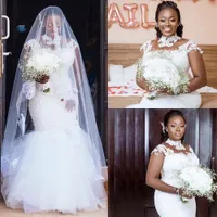 Designer High Neck Mermaid Wedding Dresses Bridal Gown Lace Applique Cap Hyls Pearls P￤rlade skr￤ddarsydda svep Train Vestidos de Novia Plus Size