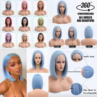 Lace Wigs Blue Short Straight Bob Front Wig Synthetic Wgis for Black Women Blonde Pink Orang Cosplay Lolita Natural Frontal Hair 221216