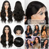 Lace Wigs Kryssma Synthetische voorkant 26 inch lang golvend haar voor vrouwen Body Wav natuurlijke zwarte kleur Afro frontaal goedkoop 221216