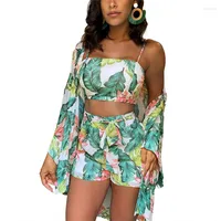 Traccettaci da donna Summer Women Boho 3PCS Floral Print Cardigan Blouse Crop Shorts Lady Holiday Beach Tre pezzi Set casual set