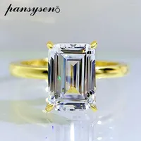 Cluster Rings PANSYSEN 18K Gold Color Solid 925 Sterling Silver 7 10MM Emerald Cut Simulated Moissanite Diamond For Women Fine Jewelry