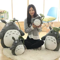 30см INS Soft Totoro Doll Standing Kawaii Japan Cartoon Figure Grey Cat Plush Toy с зеленым листьем зонтиком Kids Present277e