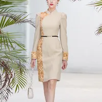 Sukienki swobodne Linda della 2023 Projektantka mody Kobiety Summer Temperament w kolorze stand-up kołnierz stand-up splicing rękaw bąbelkowy Slim