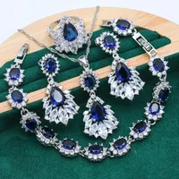 Hänghalsband utsökt blå röd kristall 925 silver smycken uppsättningar för kvinnor armband örhängen halsband hänge ring bröllop 4 st 230103