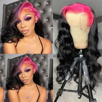 분홍색 뿌리 브라질 머리 13x4 레이스 전면 가발 바디 웨이브 하이라이트 가발 시뮬레이션 흑인 여성을위한 인간 머리카락