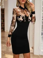 Lässige Kleider fashion schwarzer schicker sexy Turn-Down-Kragen Nacht-Out-Partykleid Langarmkontrast Paillette Sheer Mesh Midi