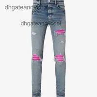 Jeans 2023 amirs masculino jean calça jean designer calntsy estilo pesado na indústria água destrói buracos rosa de impressão vermelha splicing azul