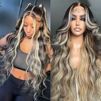 Ash Blonde Highlights 13x4 Lace Front Human Hair Wig for Women Black Roots Ombre ombre Body Wave Synthetic Wig Prepolled