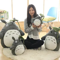 30 cm INS Soft Totoro Doll Standing Kawaii Japan Cartoon Figure Cat Grey Cat Plush With Green Leaf Umbrella Kids Present267J
