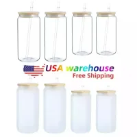 Garrafas de água de armazém nos EUA 12 onças de sublimação em branco de 16 onças podem copos de vidro em forma de copos com tampa de bambu e palha para refrigerante de café gelado