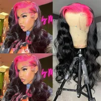 180% Density Black Pink Highlight Human Hair Wigs 13x4 Body Wave Lace Front Wig HD Transparent Lace Synthetic Preplucked