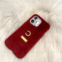 Luxury Pearl C Phone Case Designer Gold Brand Letter Fashion Furry Red Wool Cases For Iphone 14 Pro Max Plus 13 12 11 Shockproof Cover Top