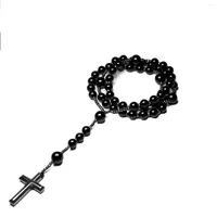 Pendant Necklaces Natural Black Onyx Beads Catholic Christ Rosary Hematite Cross Men Necklace Meditation Mala Jewelry