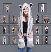 Ladies Girls Animal Wolf Tiger Hood Faux Fur Winter Cute Warm Scarves Women 3 in 1 Scarf Hat Glove Suit2602091