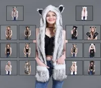 Ladies Girls Animal Wolf Tiger Hood Faux Fur Winter Cute Warm Scarves Women 3 in 1 Scarf Hat Glove Suit2577900
