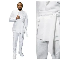 Ternos masculinos Tecido de algodão de ar de ar brancos com cinto solto 2 peças/inverno quente para festas de baile de casamento casuais roupas/blazer calças