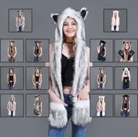 Ladies Girls Animal Wolf Tiger Hood Faux Fur Winter Cute Warm Scarves Women 3 in 1 Scarf Hat Glove Suit2724507