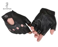 RITOPER Genuine Leather SemiFingers Gloves Male Breathable Hole Thin Style Men HalfFinger Lambskin Gloves Driving Fishing 20186413687