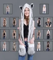 Ladies Girls Animal Wolf Tiger Hood Faux Fur Winter Cute Warm Scarves Women 3 in 1 Scarf Hat Glove Suit8496045