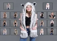 Ladies Girls Animal Wolf Tiger Hood Faux Fur Winter Cute Warm Scarves Women 3 in 1 Scarf Hat Glove Suit1351416