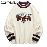 Men s Sweaters GONTHWID Bear Patchwork Striped Knitted Jumpers Streetwear Hip Hop Harajuku Casual Pullover knitwear Mens Fashion Tops 230105