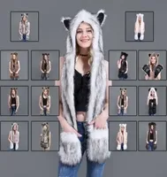 Ladies Girls Animal Wolf Tiger Hood Faux Fur Winter Cute Warm Scarves Women 3 in 1 Scarf Hat Glove Suit4559029