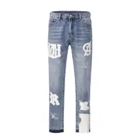 Pants Vintage Washed Letter Embroidery Hole Blue Men's Jeans Straight Frayed Streetwear Hip Hop Loose Unisex Denim Trousers